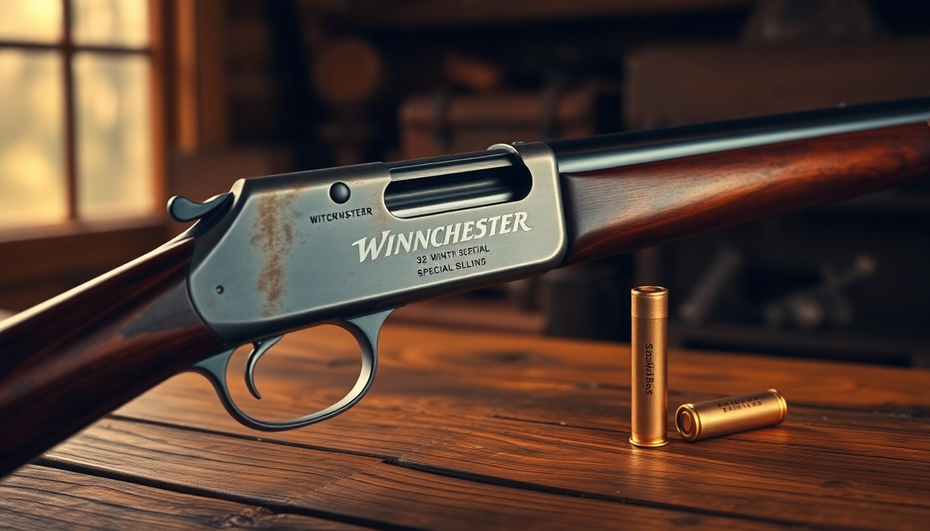The 32WIN cartridge and Winchester rifle set in a rustic hunting environment showcasing historical firearm craftsmanship.
