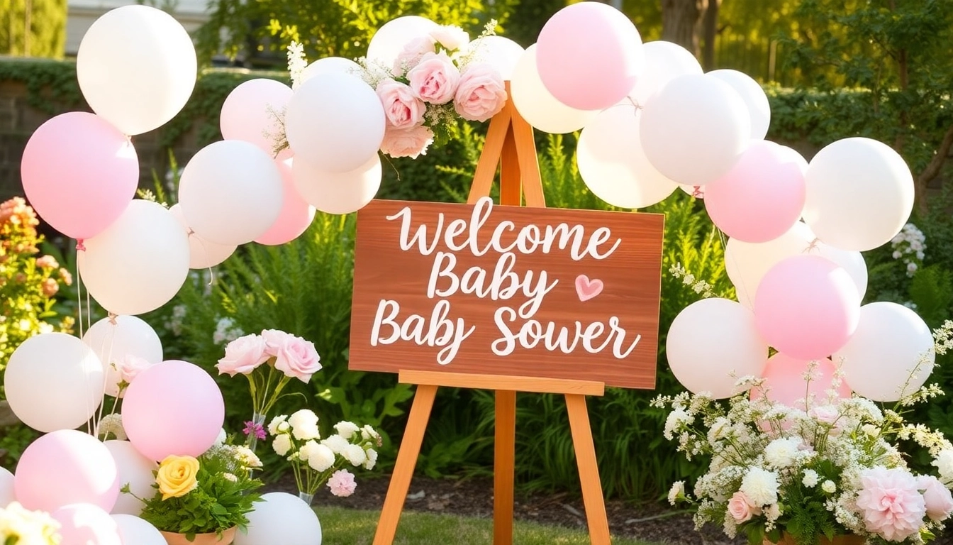 Decorative baby shower welcome sign with pastel colors and floral accents, inviting guests warmly.