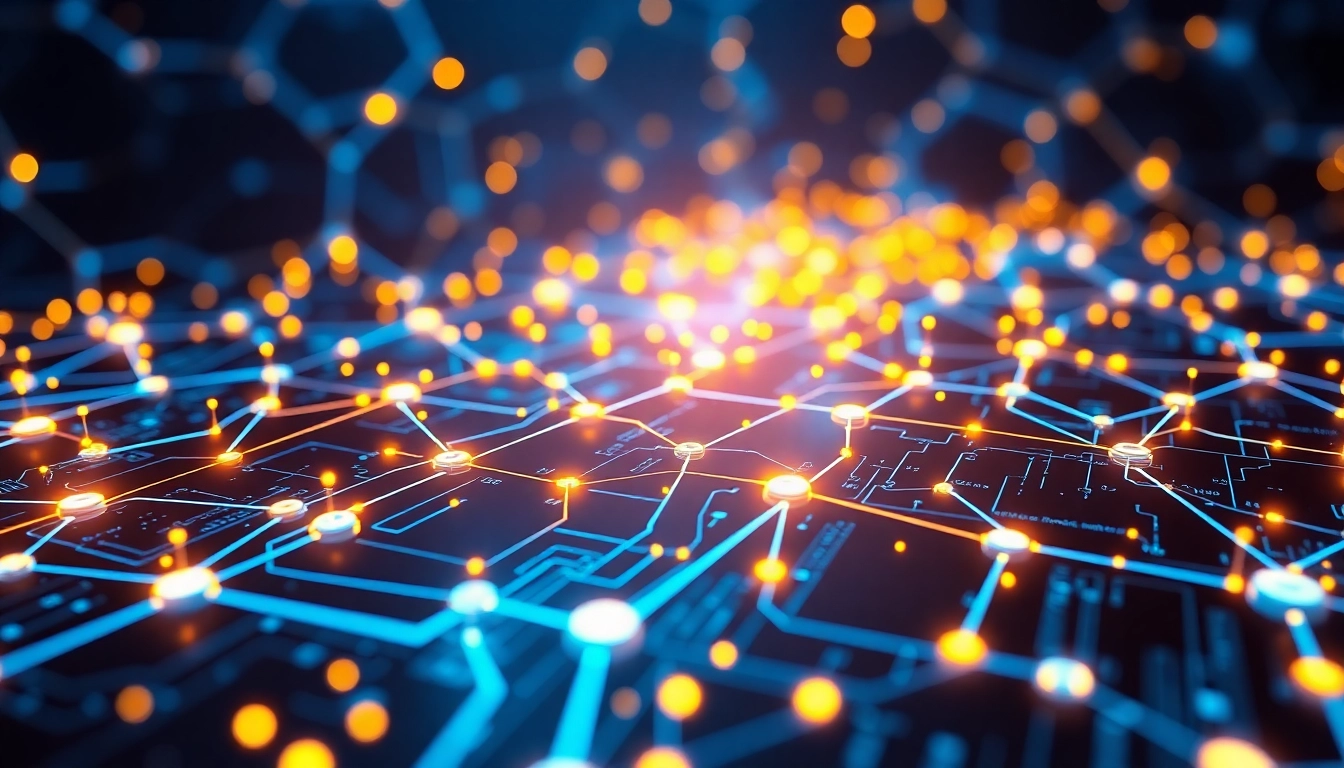 Illustration of blockchain technology with interconnected digital nodes symbolizing secure data sharing and decentralization.