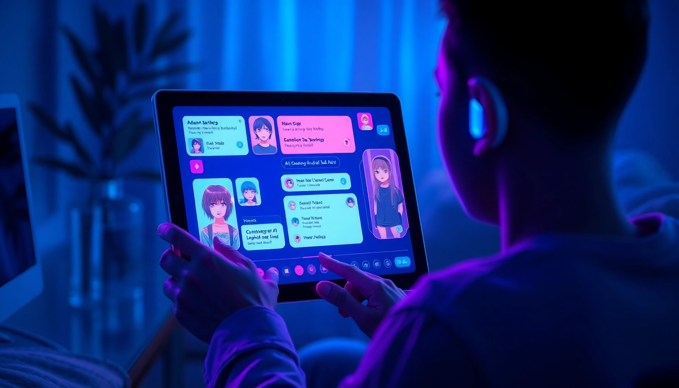 Futuristic digital interface showcasing AI sexting app with vibrant neon visuals and customizable avatars.