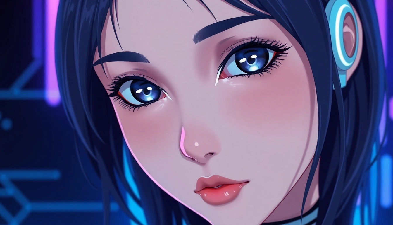 Anime-style female AI character with glowing skin and digital background