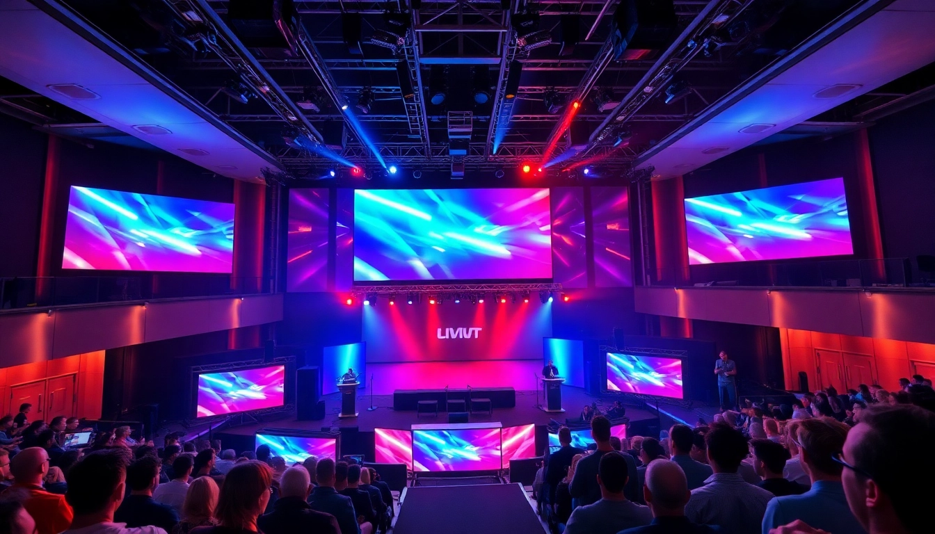 Professional Medientechnik Köln: Innovative event technology setup with screens, lighting, and sound equipment in Cologne venue for engaging events.