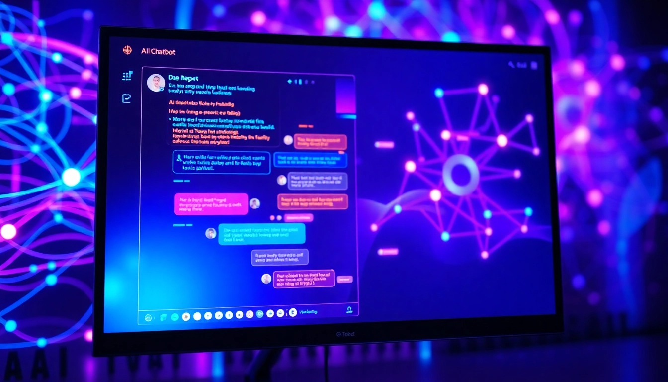 Futuristic AI chatbot interface on a sleek digital screen with vibrant data streams in the background.