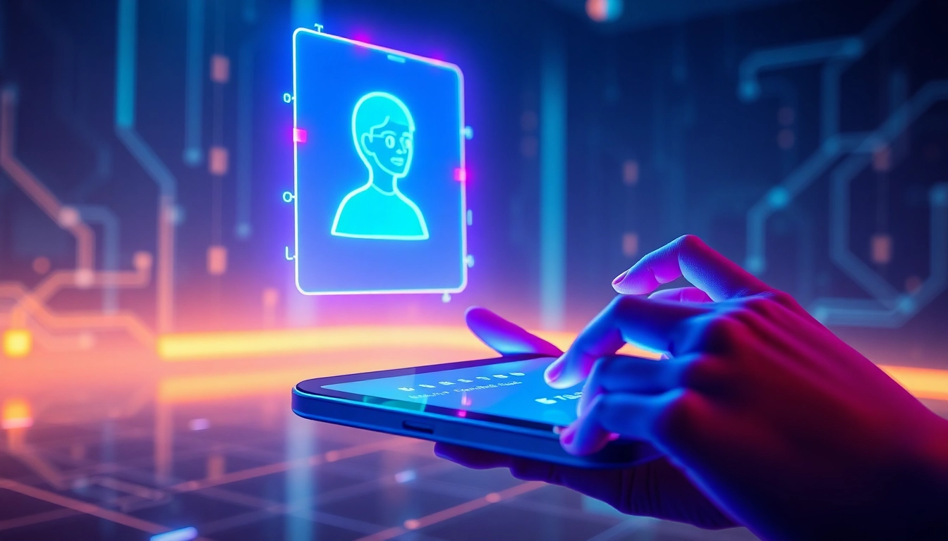 Futuristic AI chat interface with holographic avatar on a sleek device, vibrant neon colors, high-tech digital environment.