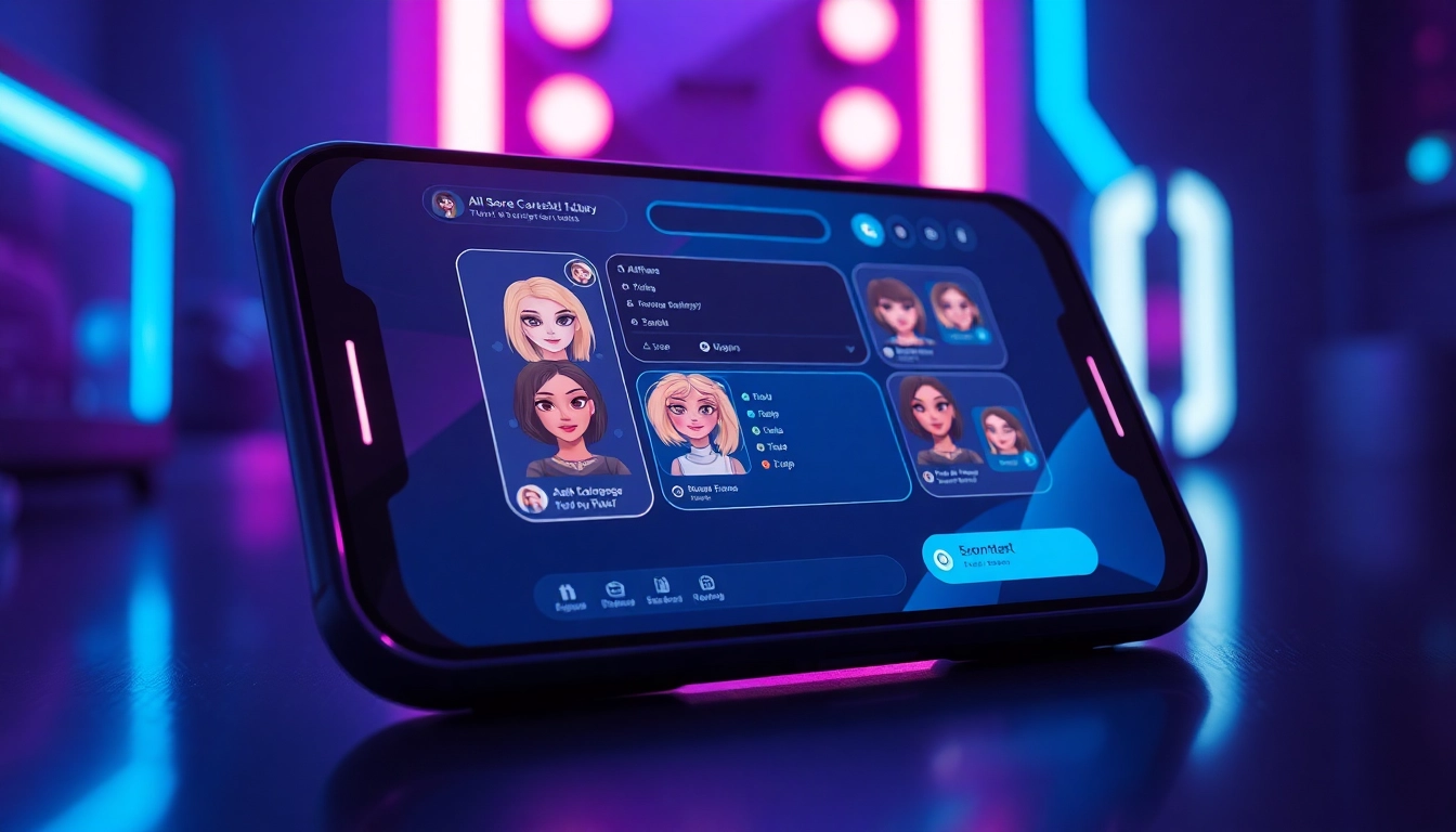 Futuristic AI chatbot interface on a modern device with digital avatars and neon lighting