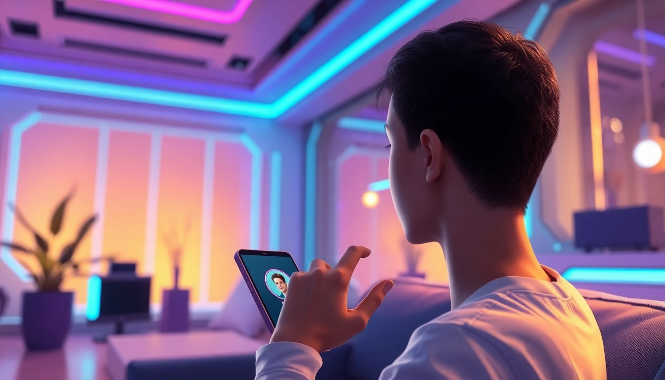 Futuristic scene of a user engaging with a customizable AI chatbot on a modern device in a tech-inspired environment.