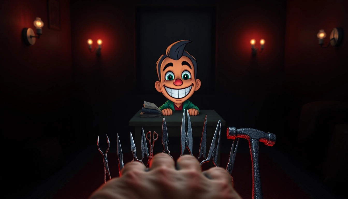 A disturbing scene of Harvey with a cheerful expression, surrounded by violent tools in a dark, tense setting.