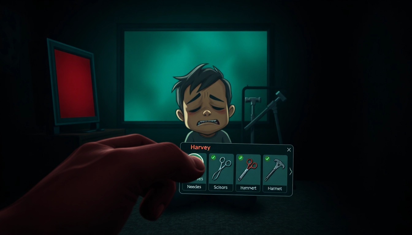 A disturbing scene of Harvey in pain during a dark, tense game setting with violent tools and shadowy background.