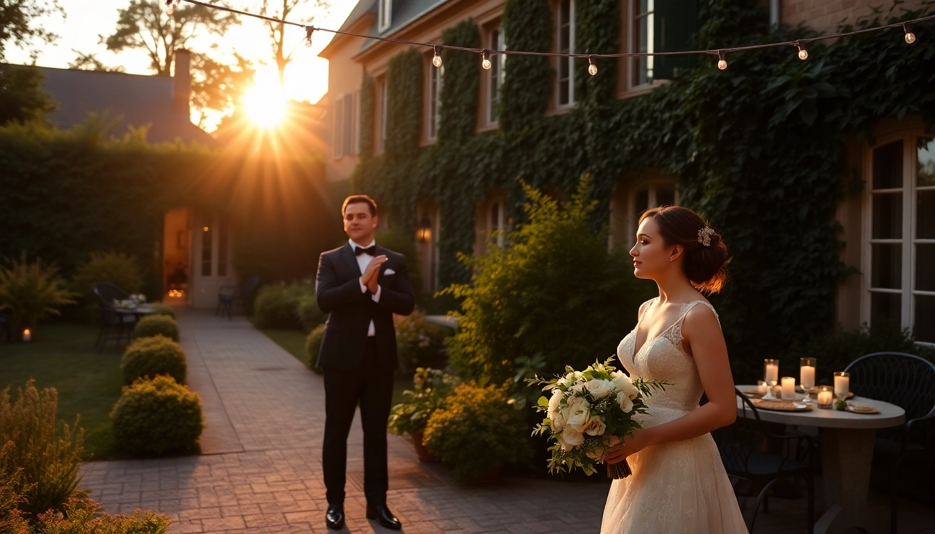 Photographe mariage Liège en extérieur, capture de moments authentiques sous un coucher de soleil chaleureux.