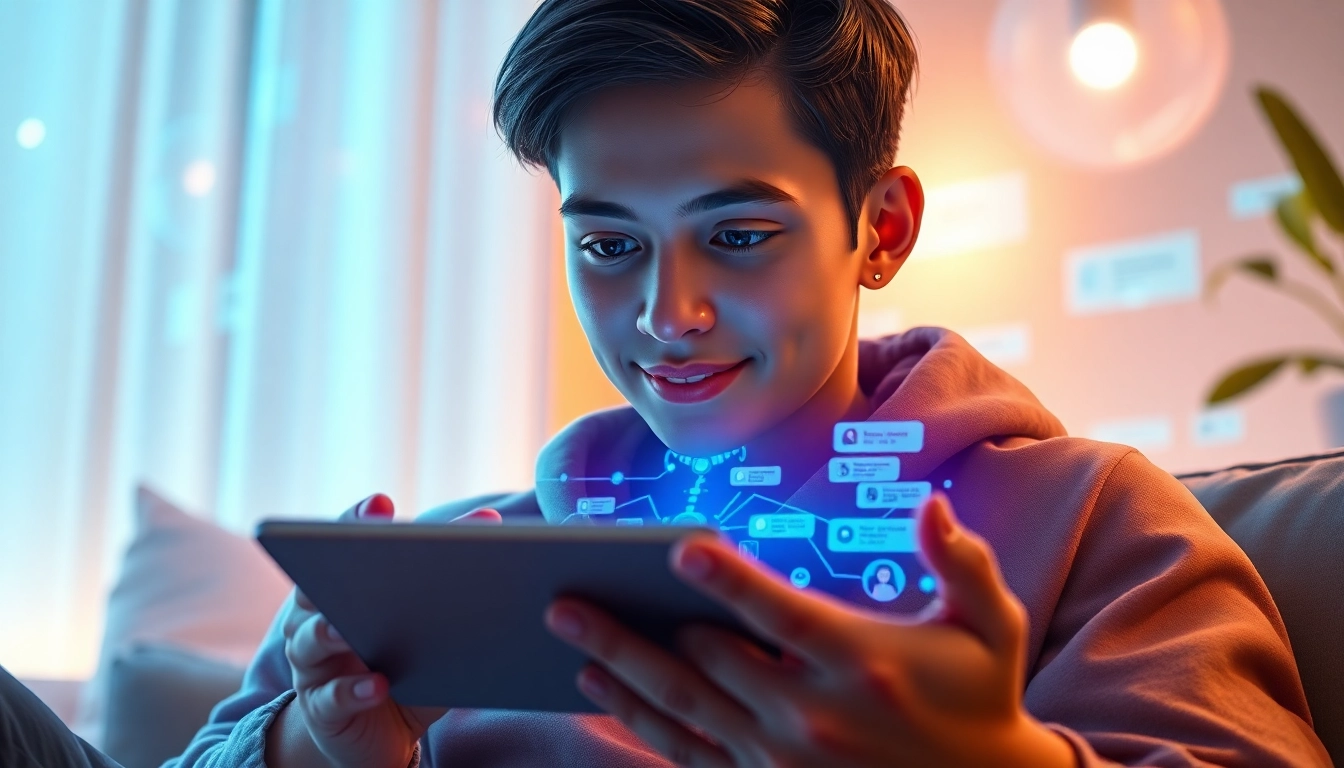 A person interacting with a colorful AI character on a tablet in a cozy, modern room.