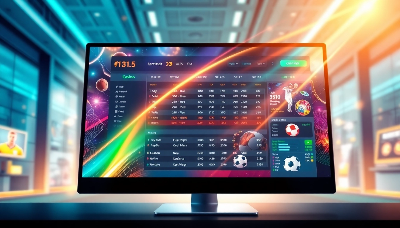 Digital illustration of an online sportsbook and casino platform on a computer screen with sports icons and betting odds.