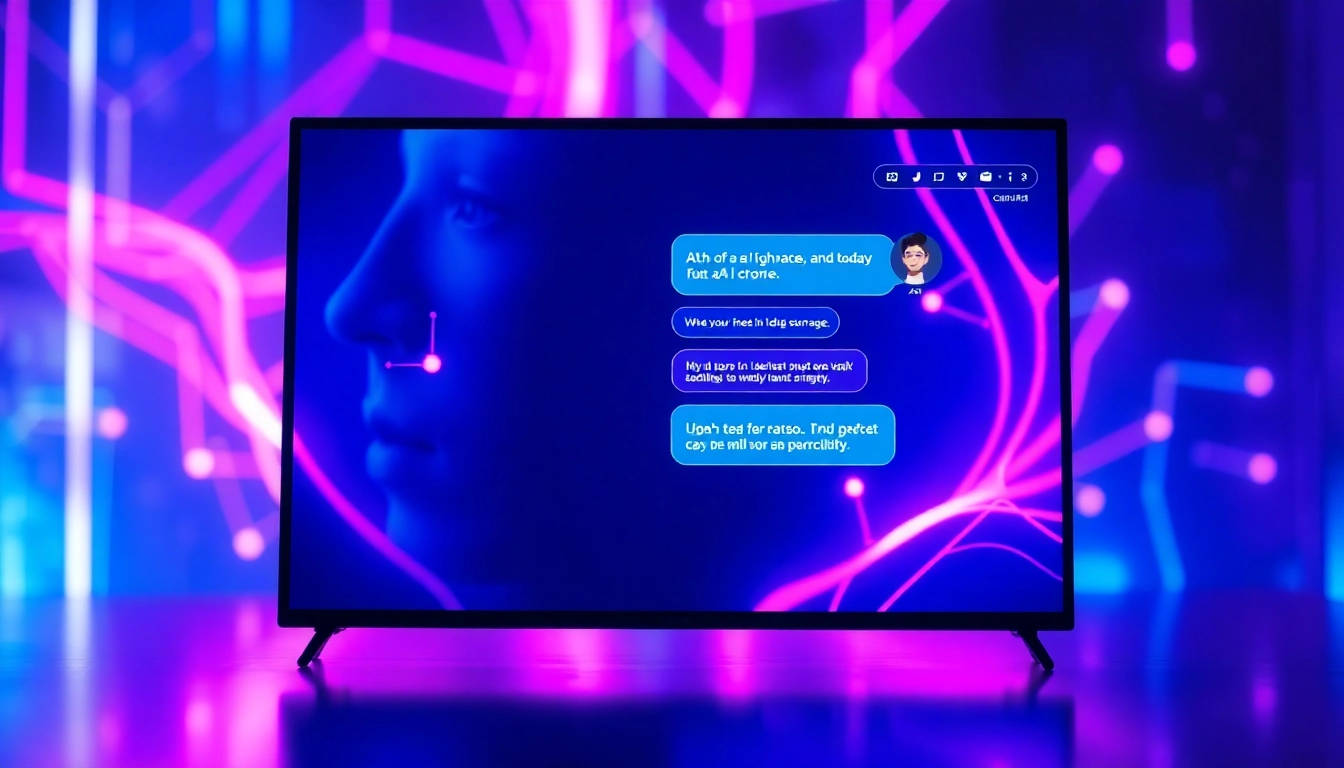 A futuristic digital chat interface showing an engaging conversation with an AI character, glowing with neon colors.