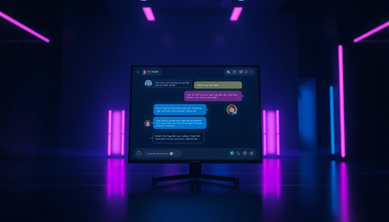 Futuristic digital chat interface with customizable AI characters on a glowing screen with neon accents.