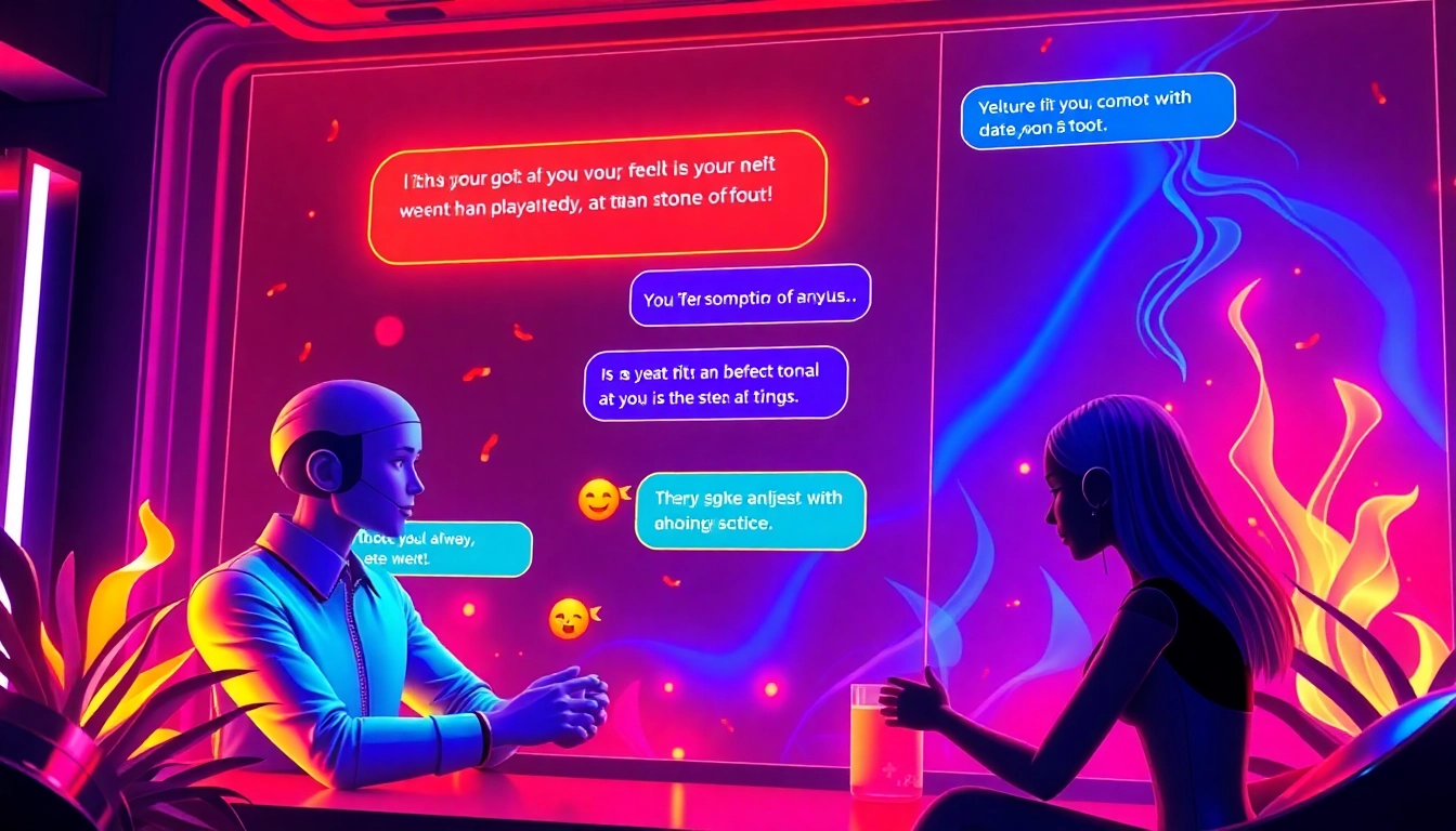 Illustration of Spicy AI Chat interactions featuring AI characters engaging in playful, flirtatious conversations with vivid visuals and energetic colors, capturing a fun, realistic vibe for 2025.