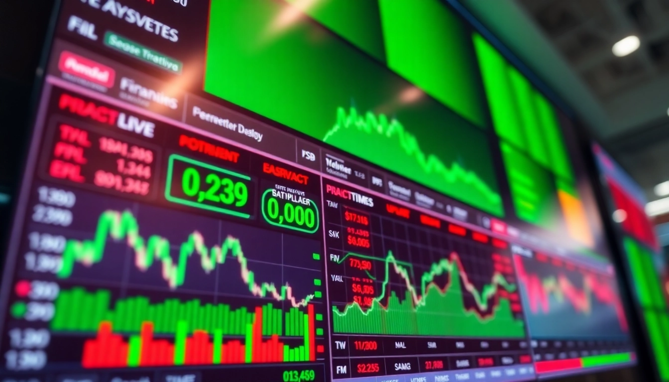 Real-time trading updates on a digital screen with market charts and data for financial