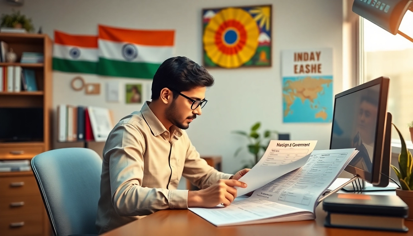 All India Govt Jobs Candidate studying exam materials with Indian flags and government symbols