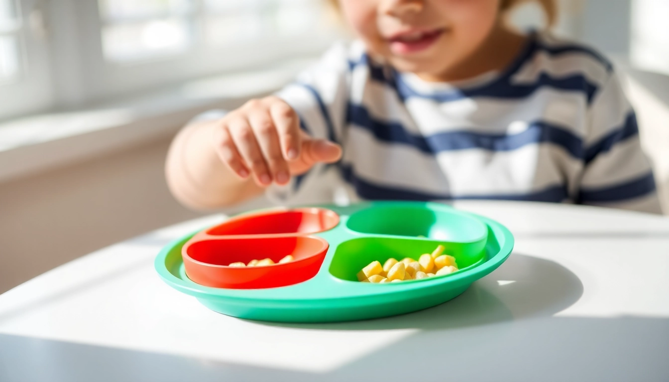 Child using a silicone divided plate for self feeding with vibrant colors and smooth silicone