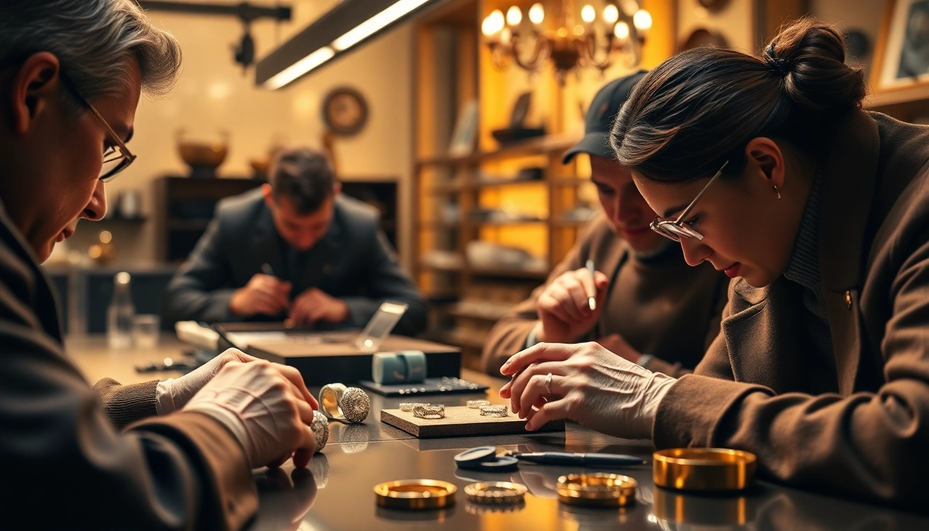 Professional team mastering engagement ring production with diamonds and gold craftsmanship
