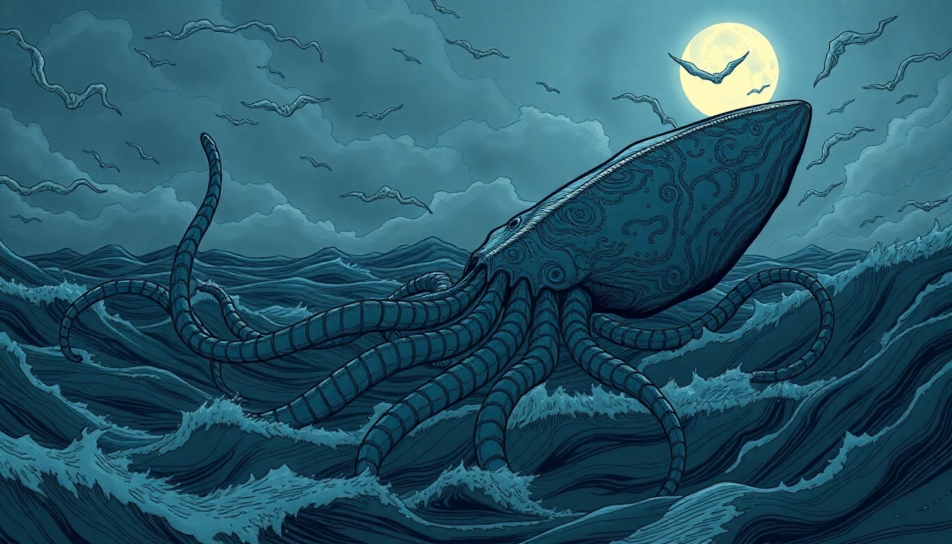 Ancient kraken illustration depicting a giant sea monster with glowing eyes attacking a ship at