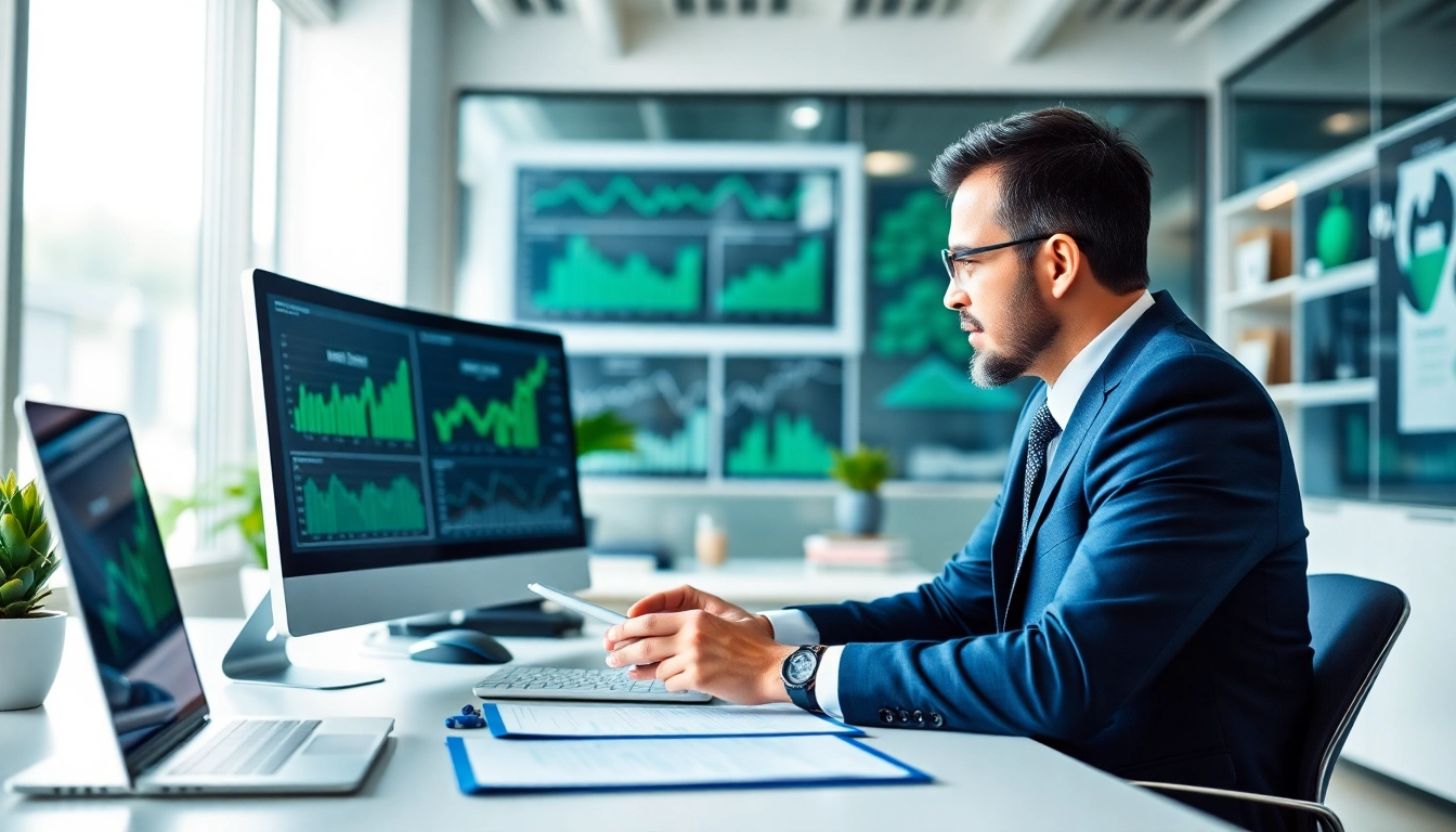 Professional financial advisor reviewing alternative investment guides on digital devices for