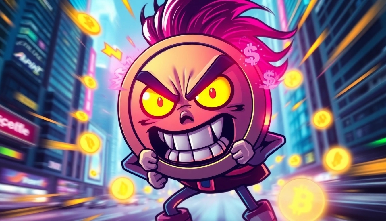 Meme Coin Defiance visual featuring bold rebellious character with crypto symbols, showcasing