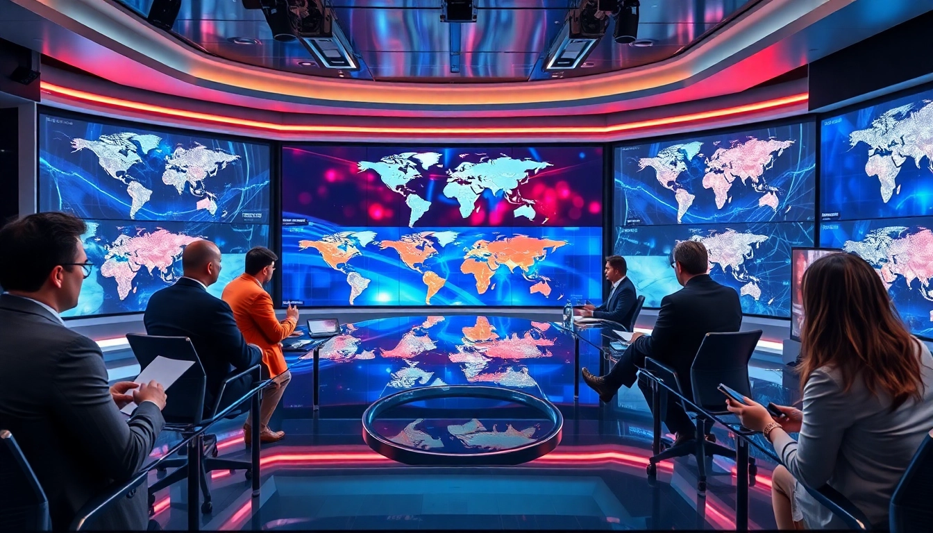 Professionals discussing key world news events in a busy newsroom for global audience engagement