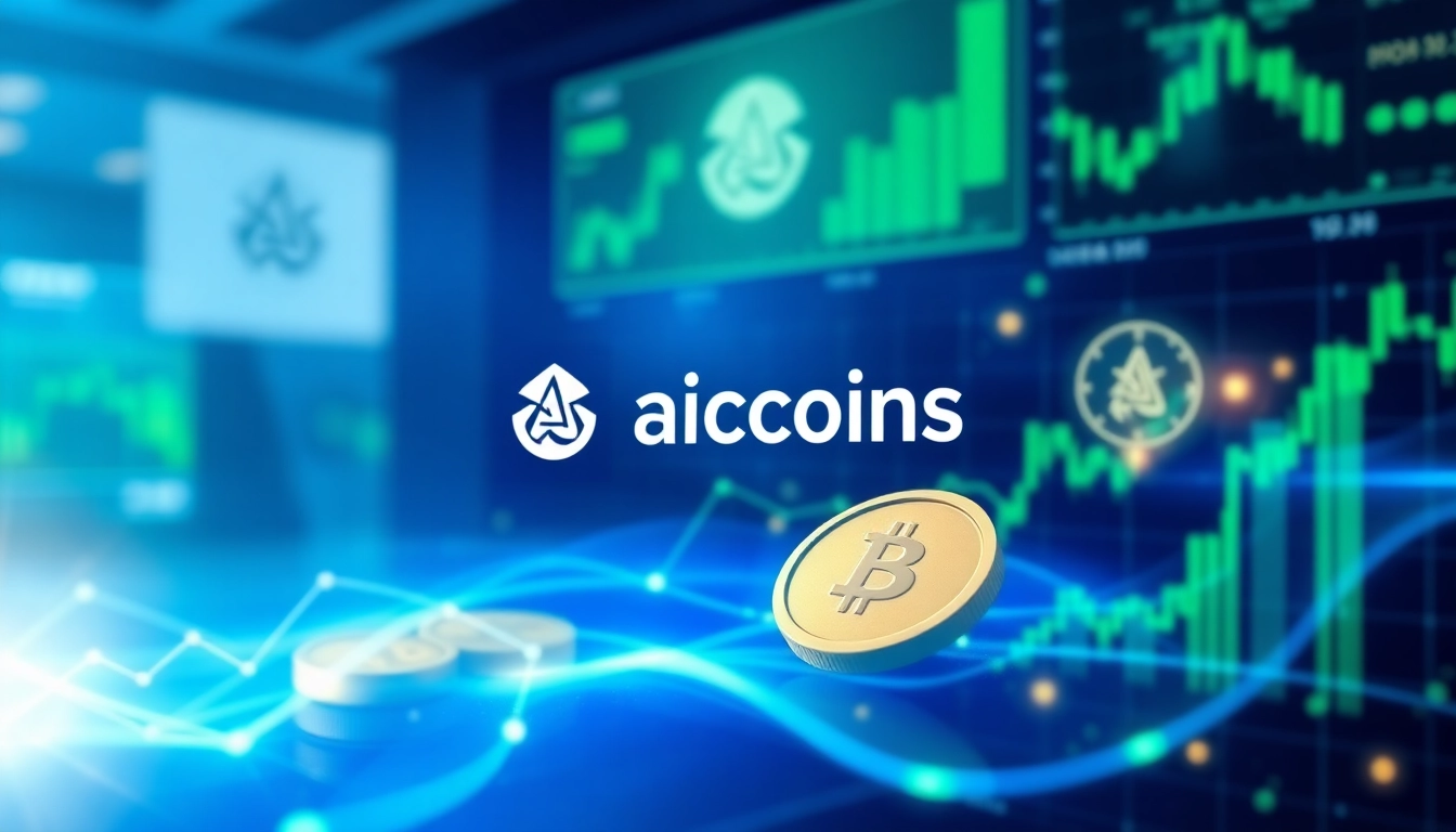 Aicoin digital finance platform with blockchain and data analysis visuals highlighting
