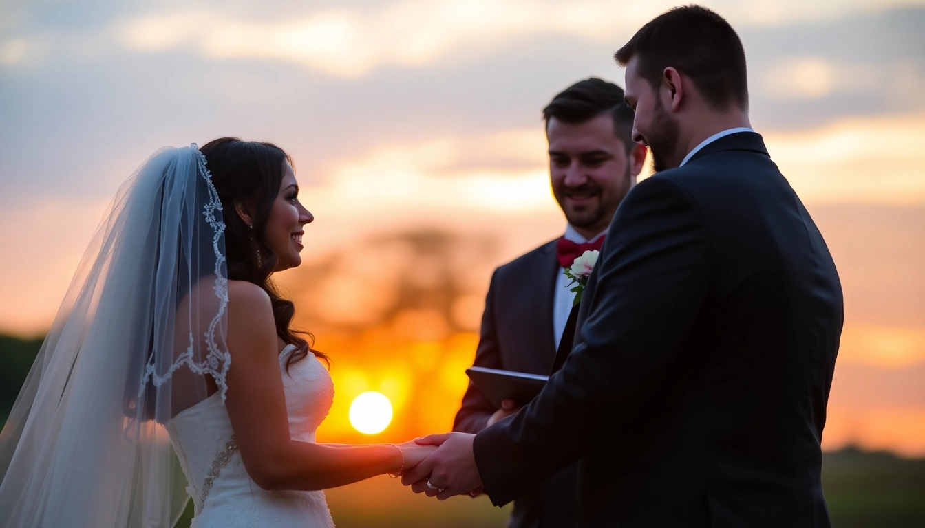 Professional eskuvo fotos captures romantic outdoor wedding vows at sunset with natural lighting